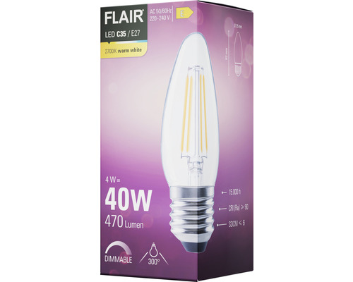FLAIR LED kaarslamp, dimbaar, C35 E27/4W (40W), 470 lm, 2700 K, warm wit, helder