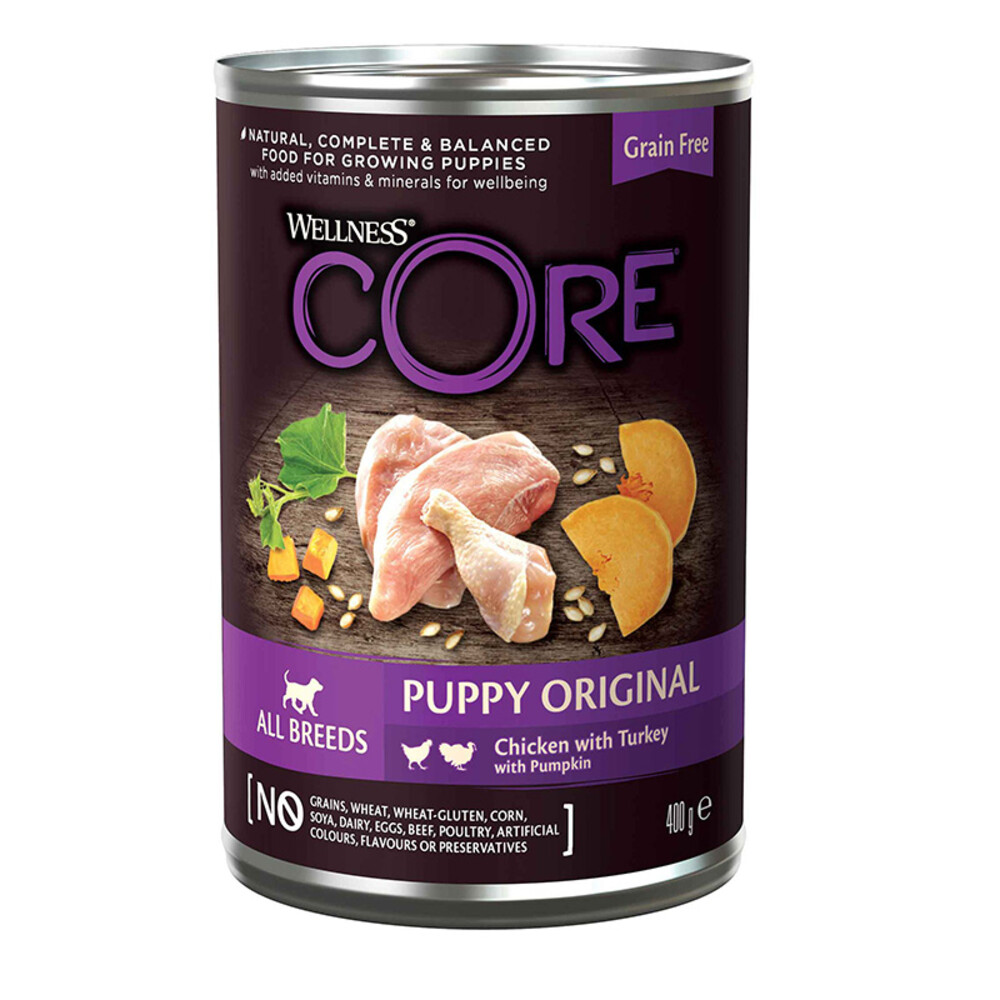 6x Wellness Core Hondenvoer Blik Puppy Kip - Kalkoen - Pompoen400 gr