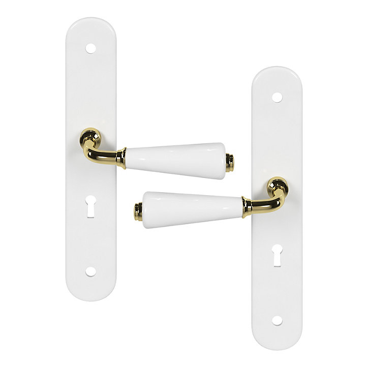Ensemble poignée sur plaque Droit serrure GoodHome Porcelaine Vras blanc L.115mm x l.45mm entraxe 195mm