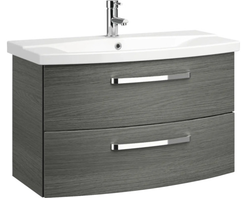 3-delige badkamermeubelset Pelipal xpressline 4010 BxHxD 84 x 200 x 45 cm, fronten in grafietstructuur (horizontaal patroon), met witte keramische wastafel en keramische badmeubel, wastafelkast, spiegelkast met LED-verlichting, chromen grepen, 4010.0