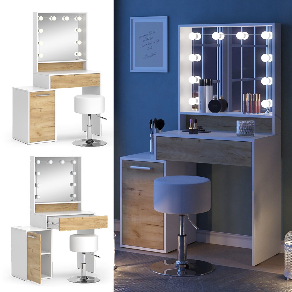 Vicco Schminktisch Altea 95 x 145 cm Weiß Eiche Frisiertisch Spiegel Hocker LED