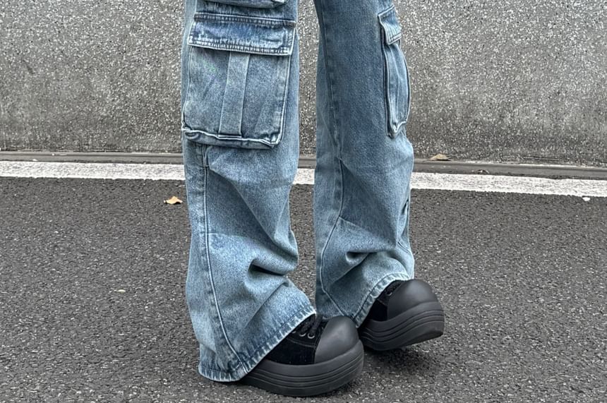 AXEN - Mid Rise Washed Wide Leg Cargo Jeans