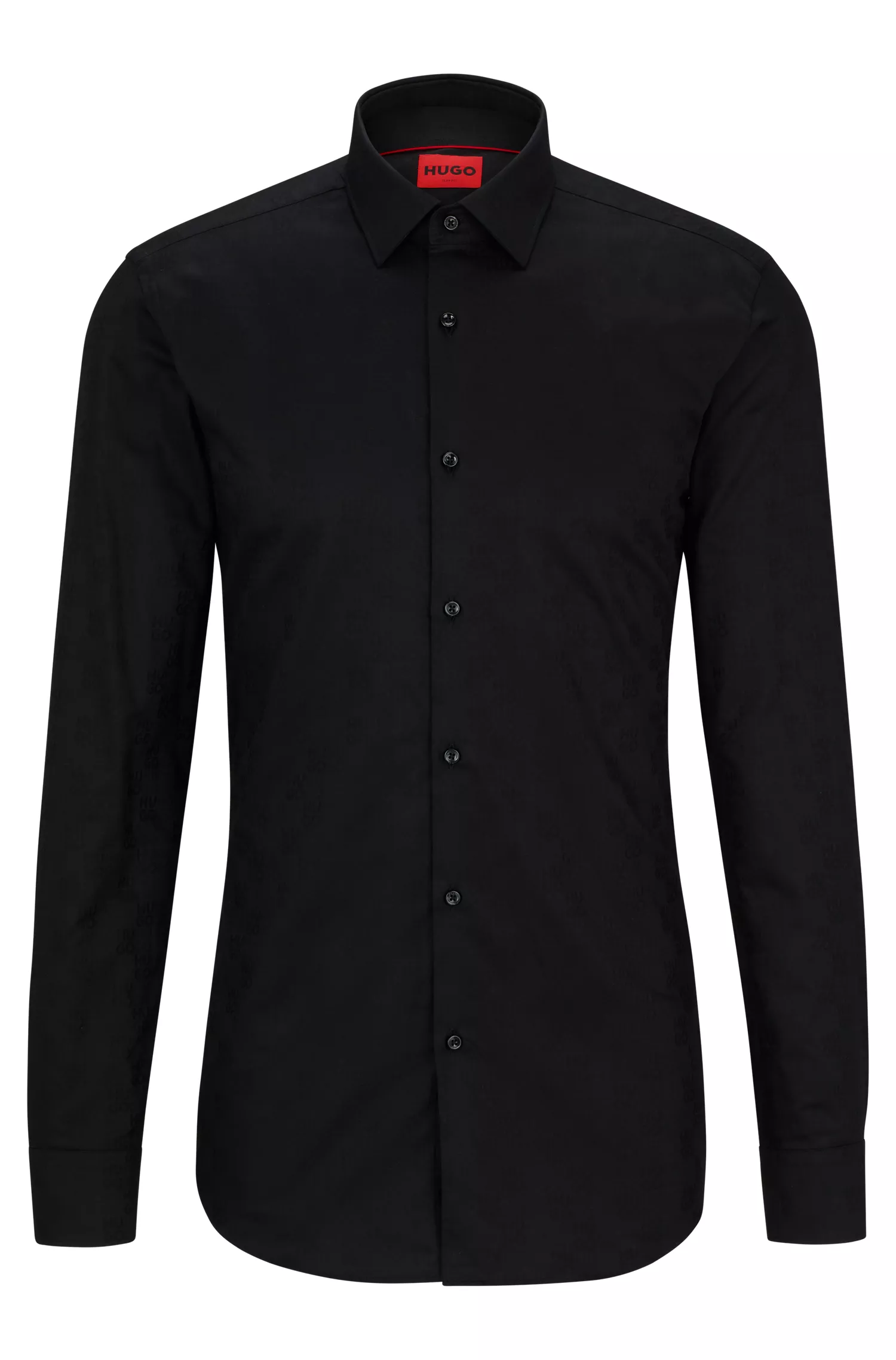 Camisa HUGO vermelha de corte slim em algodão com jacquard de logotipos sobrepostos.