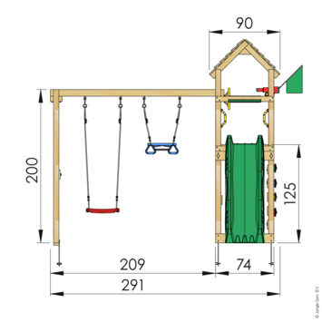Speeltoestel Jungle Gym Cocoon grenen geïmpregneerd met glijbaan donker groen en 2-schommel module