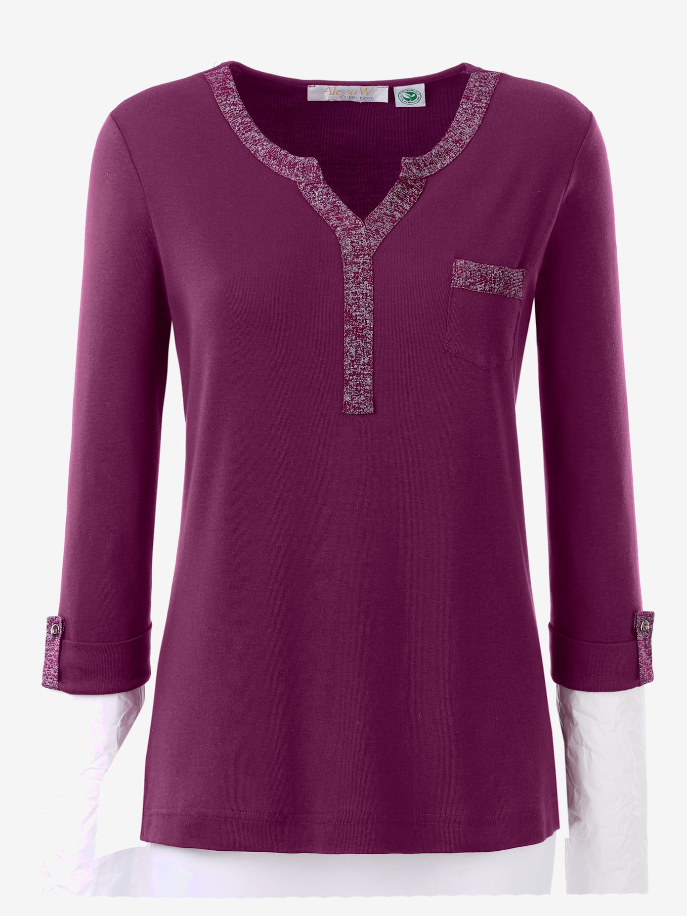 T-shirt col v imprimé manches 3/4 poche poitrine