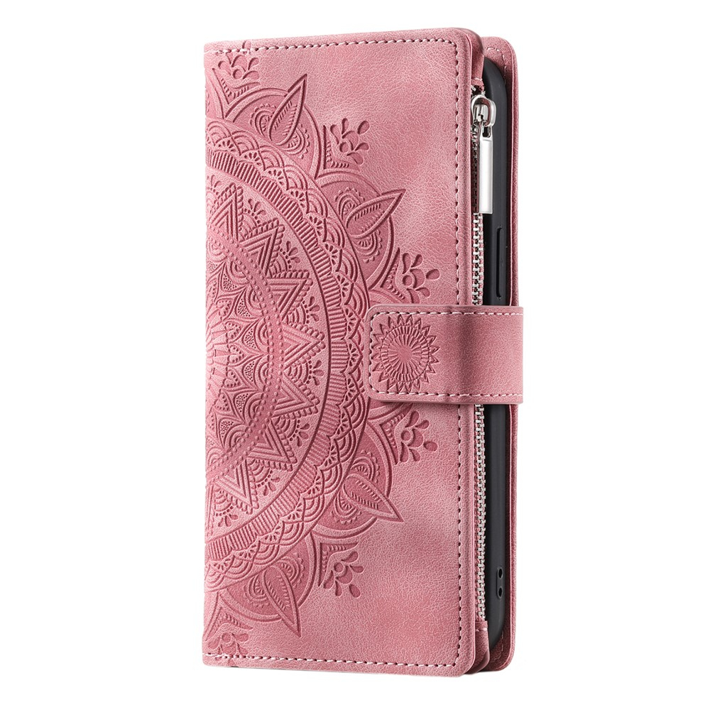 Samsung Galaxy A26 / A17 Leder Tasche Flip Cover mit Reissverschluss - Mandala Flowers Imprint - Rosa