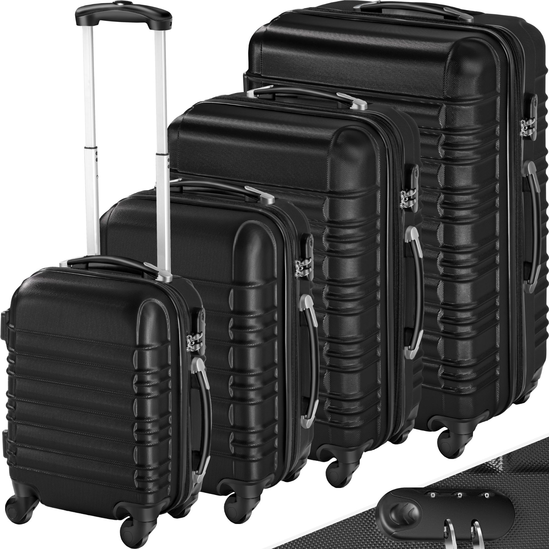 tectake® Hartschalenkoffer-Set, 4-teilig, aus robustem ABS-Kunststoff, 360° drehbare, abnehmbare Rollen, mit Sicherheits-Zahlenschloss