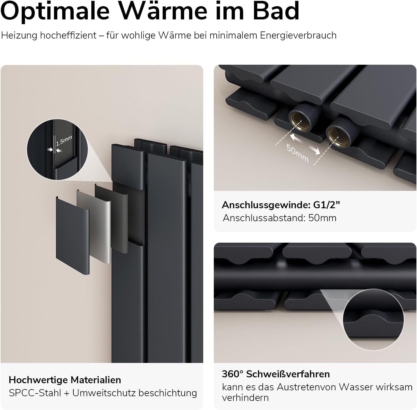 EMKE Design Heizkörper Flach, 630x616 mm Horizontal Flachheizkörper mit Seitenanschluss, Doppellagig Anthrazit Paneelheizkörper Wandheizkörper für Bad, Schlafzimmer & Wohnzimmer, 210W