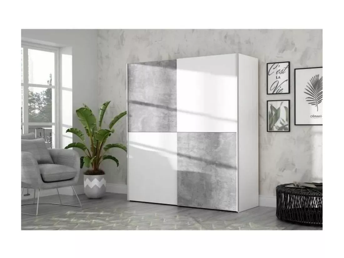 Armoire 2 portes coulissantes - béton gris clair et blanc - 170.3 cm