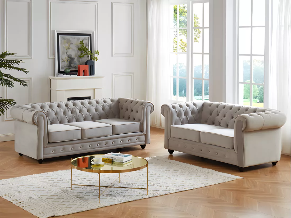 Canapés 3 places et 2 places CHESTERFIELD - Velours gris clair