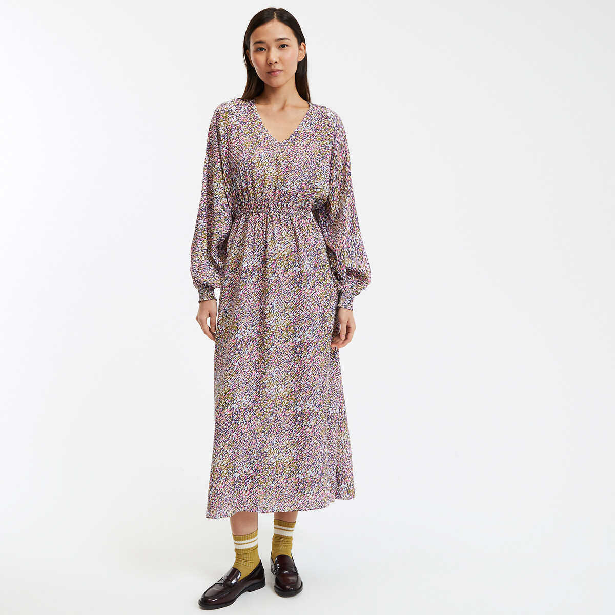 COLEÇÕES LA REDOUTE<br>Vestido longo com decote em V e estampa