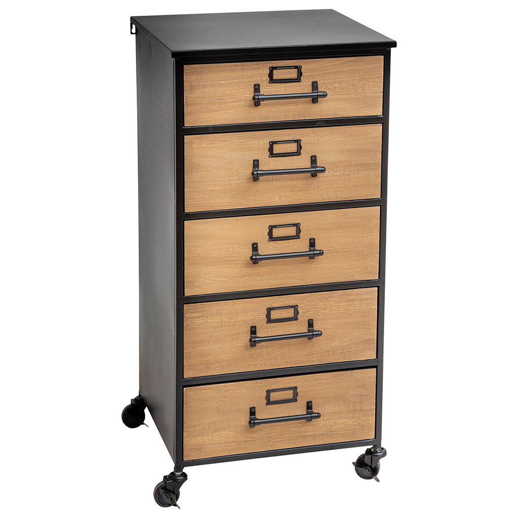 Chiffonnier BARIS sur roulettes 5 tiroirs noir et bois 42xH 87x42.8cm