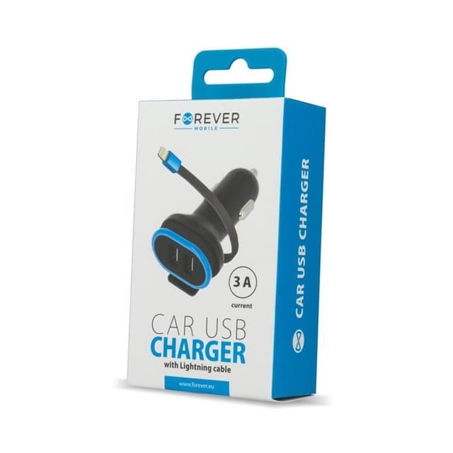 Forever Dobbelt USB-biloplader CC-02 3A med iPhone 8-pin-kabel
