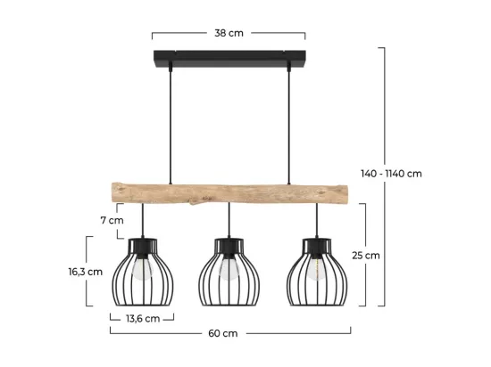 Suspension 3 lampes en bois d'eucalyptus et métal noir - Abby
