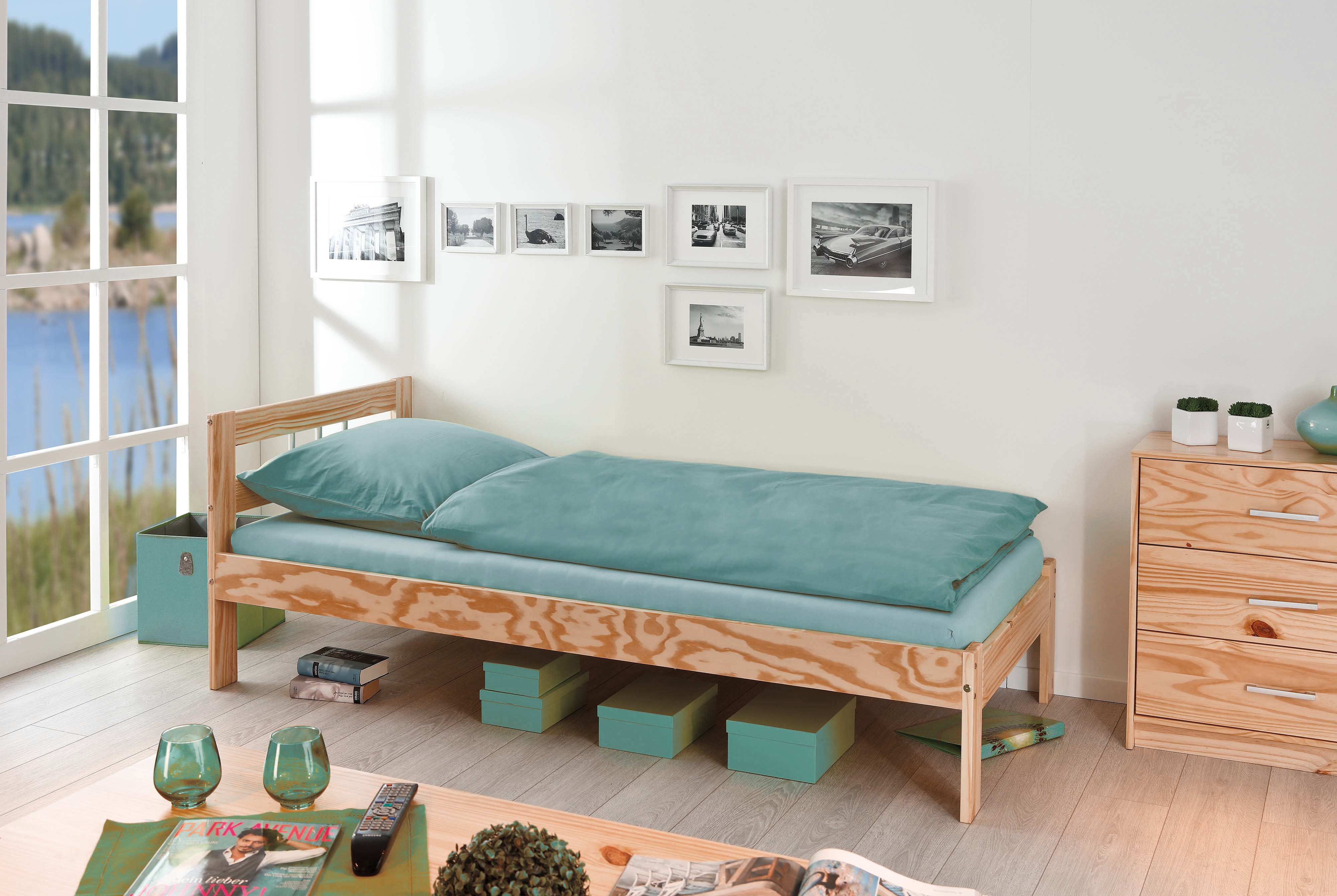 Inter Link Bettgestell Fana 90x200 cm Kiefer Massivholz farblos lackiert