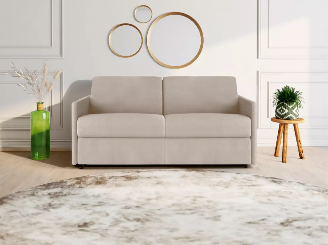 Canapé 3 places convertible express en tissu beige - Couchage à lattes larges 140 cm - Matelas 18 cm CALIFE