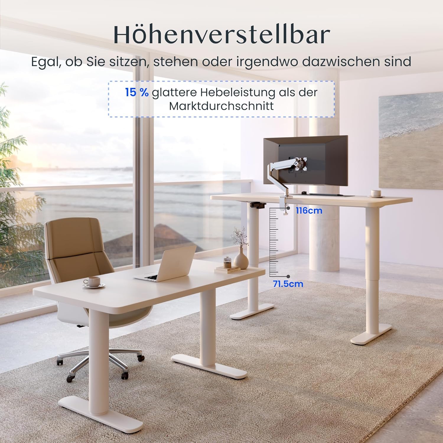 FLEXISPOT Höhenverstellbarer Schreibtisch mit runden Tischbeinen – ästhetischer Sitz-Steh-Arbeitsplatz mit ausgewogenen Proportionen und ruhiger Präsenz, 100×60 cm (Weiß + Weiß)