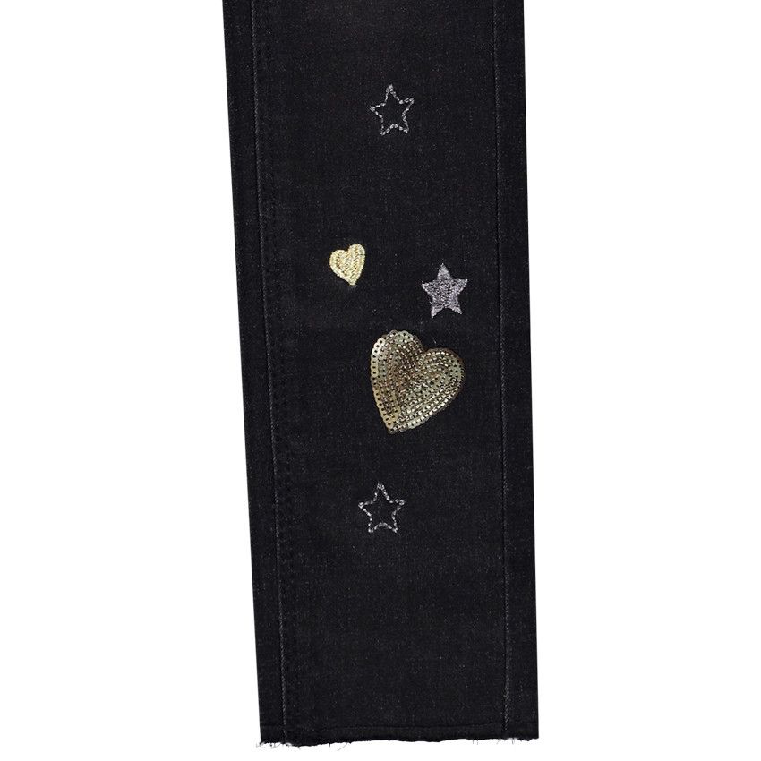 Jean skinny avec broderies et patchs sequins pour fille - Noir