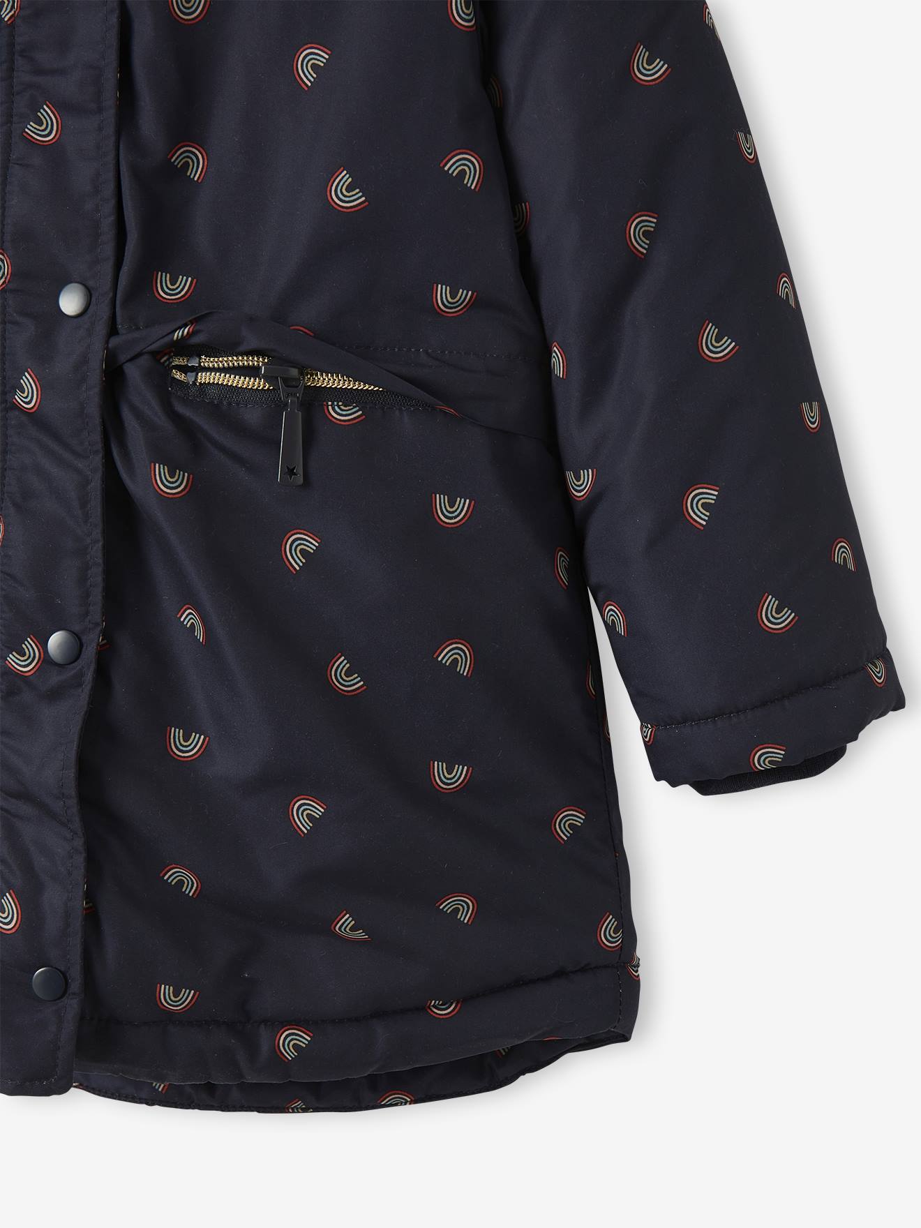 Parka azul-escura estampada com capuz e forro de sherpa para meninas