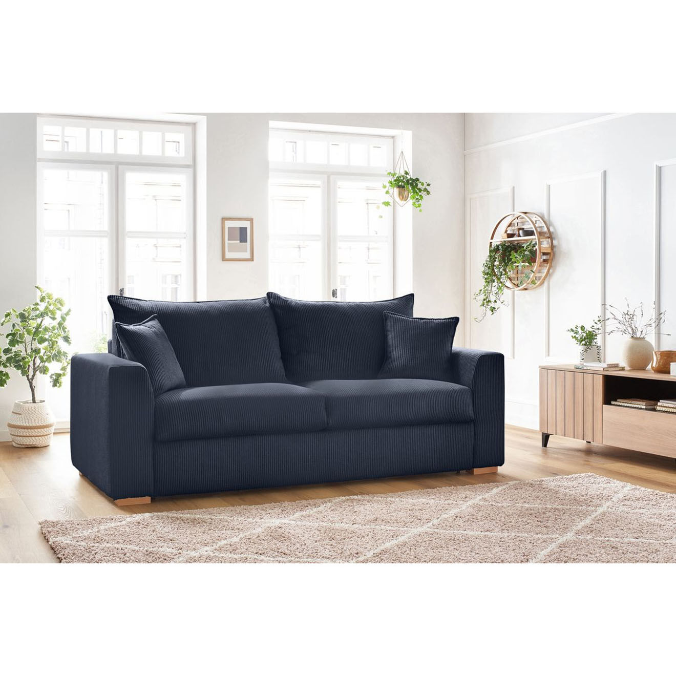 Bobochic Canapé droit convertible express en Velours côtelé 3 places Augustin bleu foncé - 205x96x97 cm