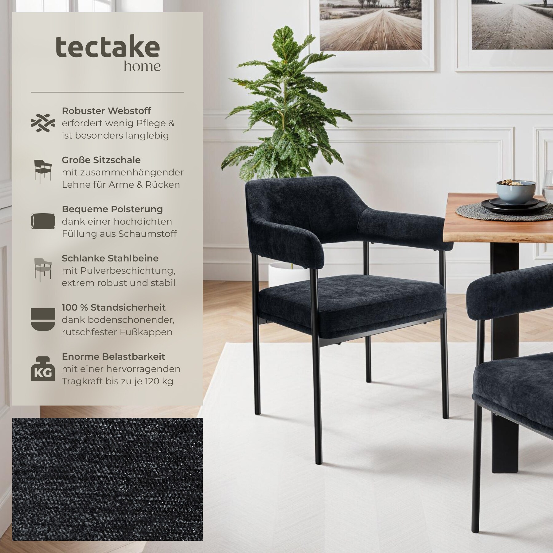tectake® Armlehnstuhl, gepolstert, schlanke, pulverbeschichtete Stahlbeine, 58 x 62 x 85 cm