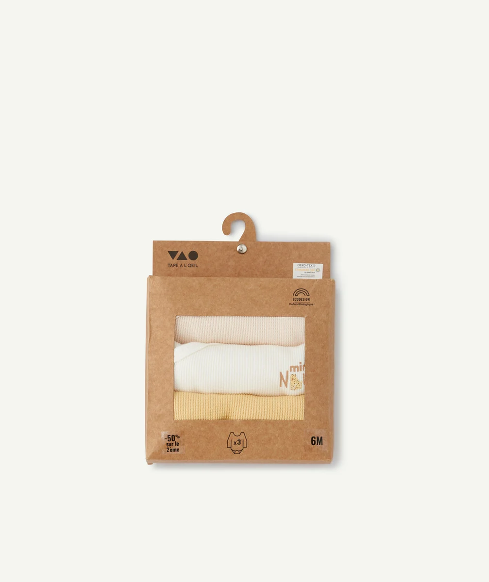 LOT DE 3 BODIES EN COTON BIOLOGIQUE NID D'ABELLE ET CACHE-COEUR