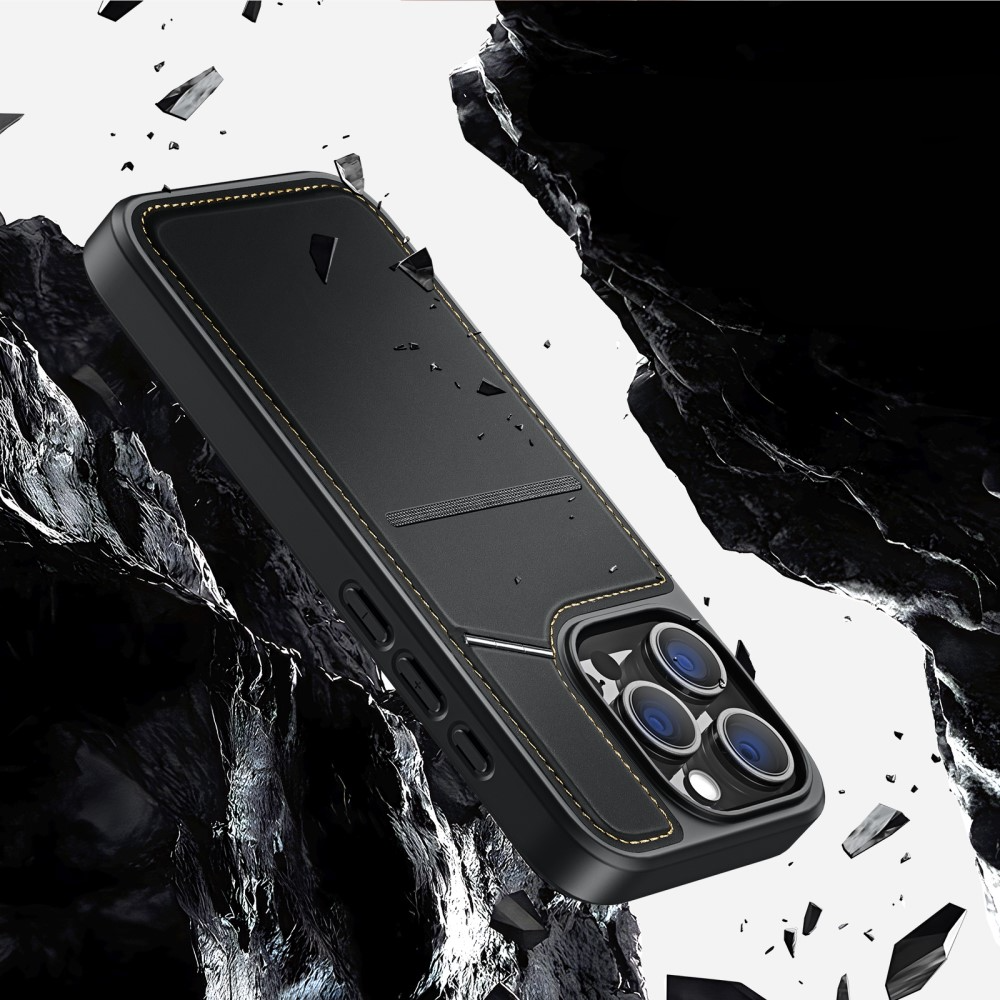iPhone 16 Pro MagSafe Hybrid Leder Hülle mit Kartenfach   Kickstand Aufsteller (RFID Schutz) - Schwarz
