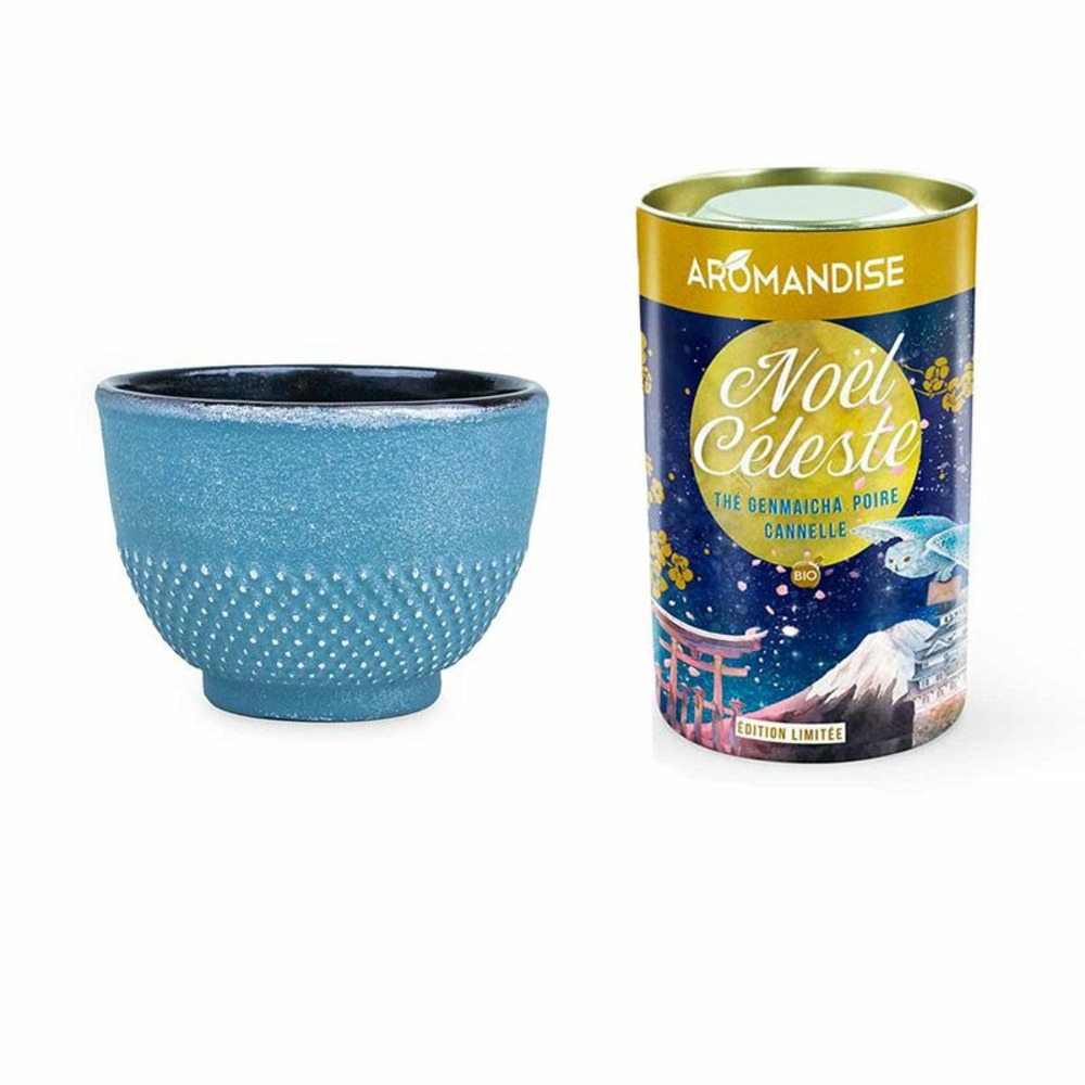 Thé japonais noël genmaïcha, poire, cannelle + tasse en fonte bleue et argentée