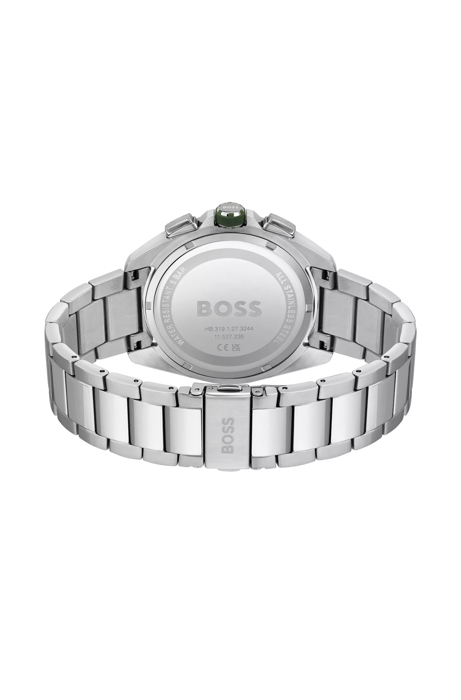 Relógio cronógrafo BOSS com mostrador laranja-oliva e pulseira de elos.