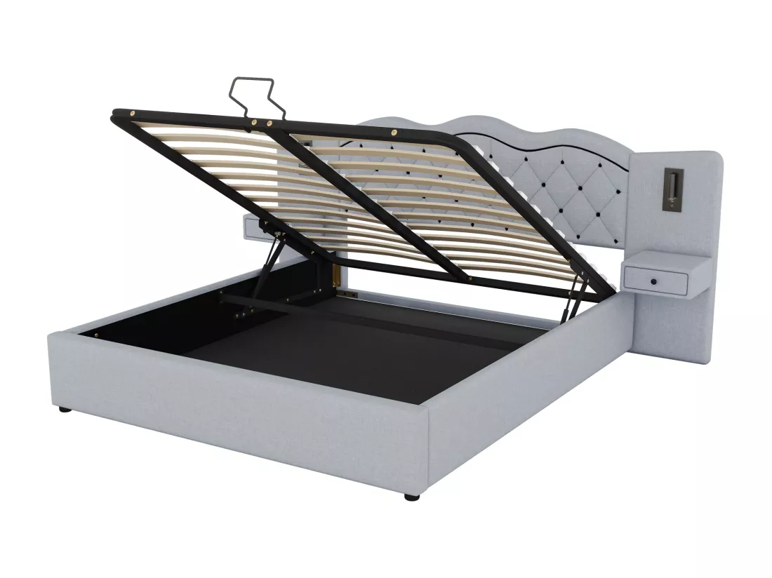 Lit coffre 160x200 cm en lin - 2 chevets de rangement avec prise USB et lampes - Gris