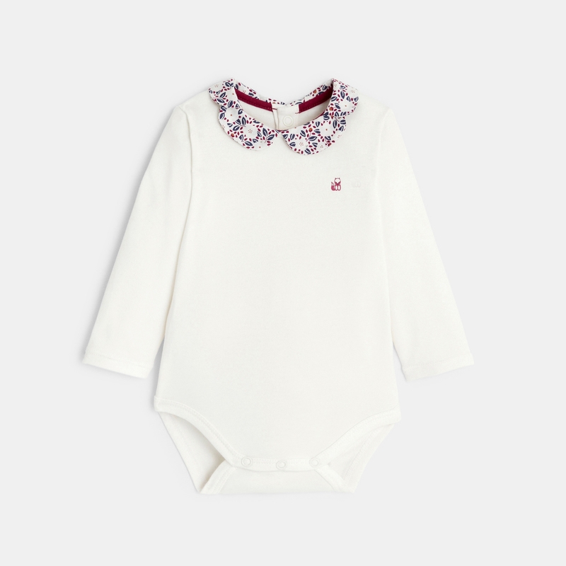 Salopette en velours et body petit col fleuri rose naissance