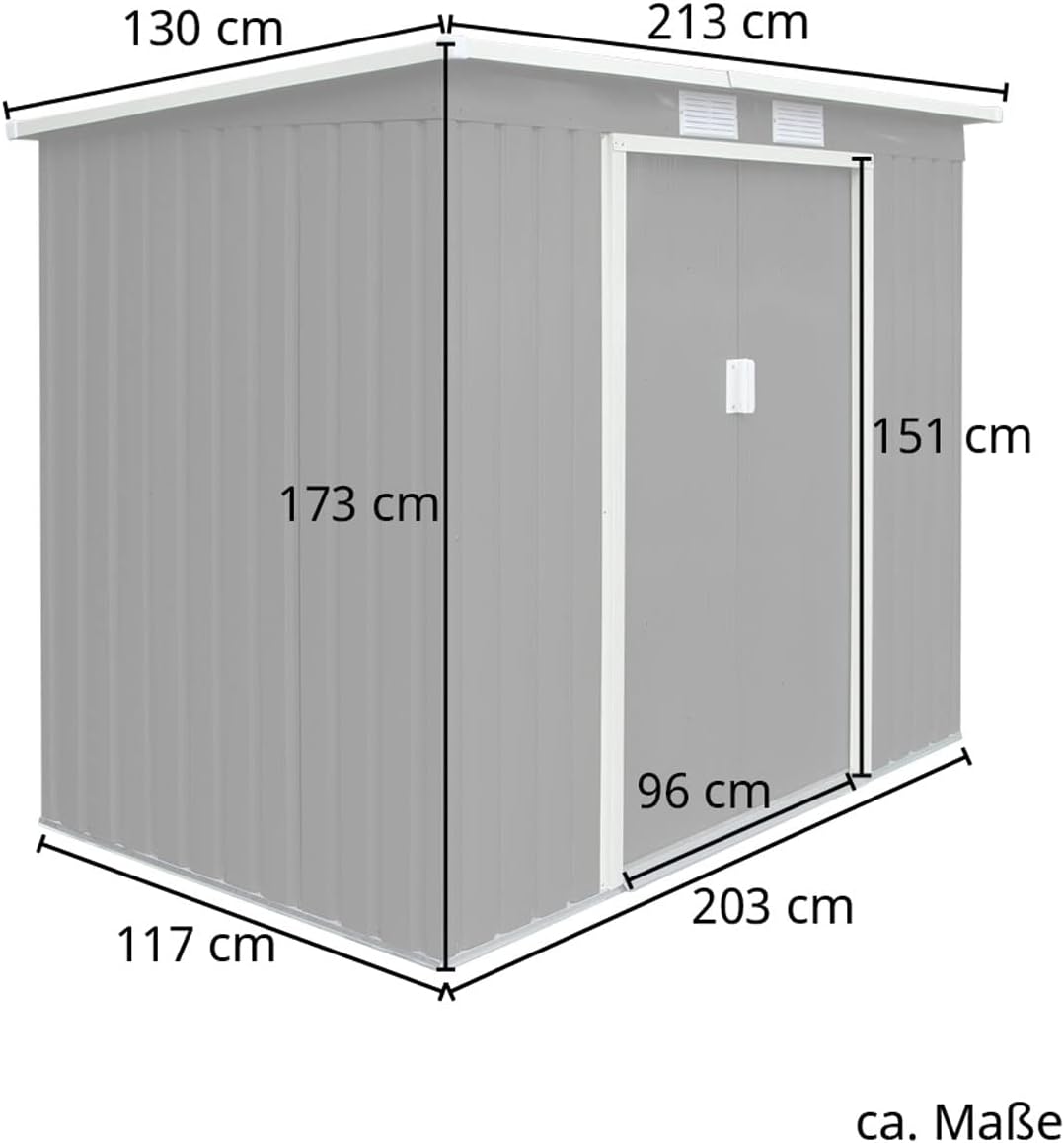 P100 Gartenhaus mit Pultdach, Geräteschuppen 213x130x173cm, Gerätehaus mit 2 Schiebetüren, Belüftungsgitter & Metall-Rahmen, Modernes Grau/Anthrazit, Verzinkter Stahl
