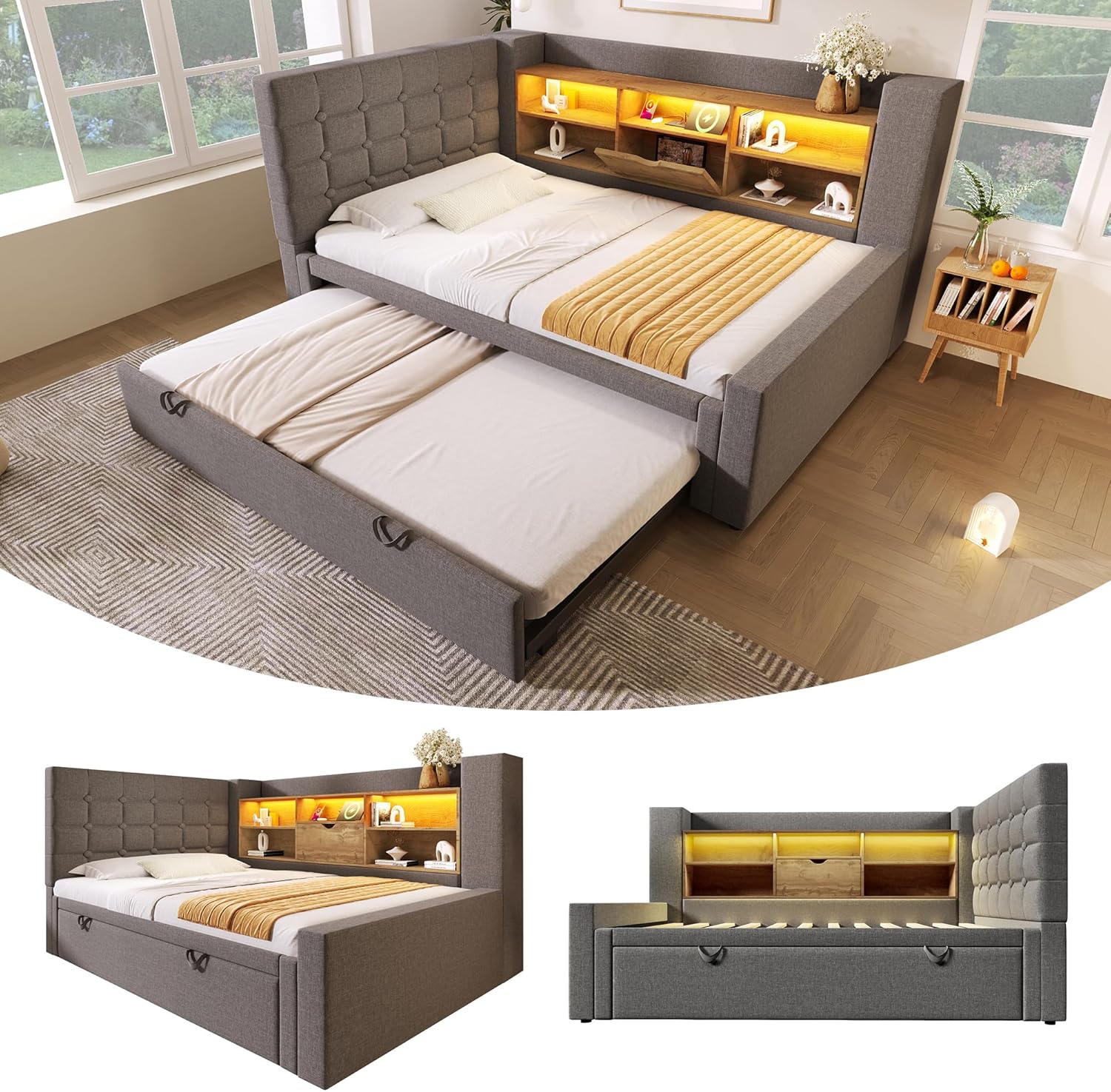 Kebnor Polsterbett Bett 90x200 cm mit Ausziehbett 90x190, und LED-Beleuchtung,Struraumbett, L-förmigem Kopfteil mit Stauraum, beidseitig montierbar, Lattenrost, Leinen(Ohne Matratze) (Grau)