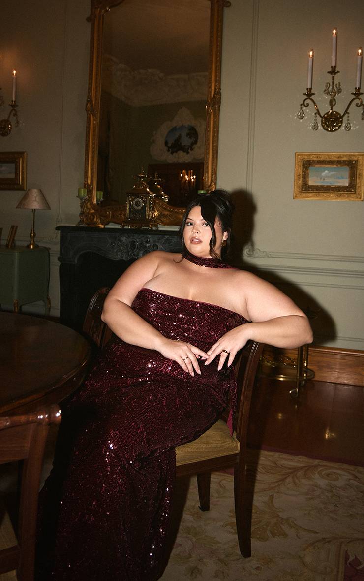 Rouge Bordeaux Robe Maxi Bandeau Grande Taille À Détail Foulard Et Sequins