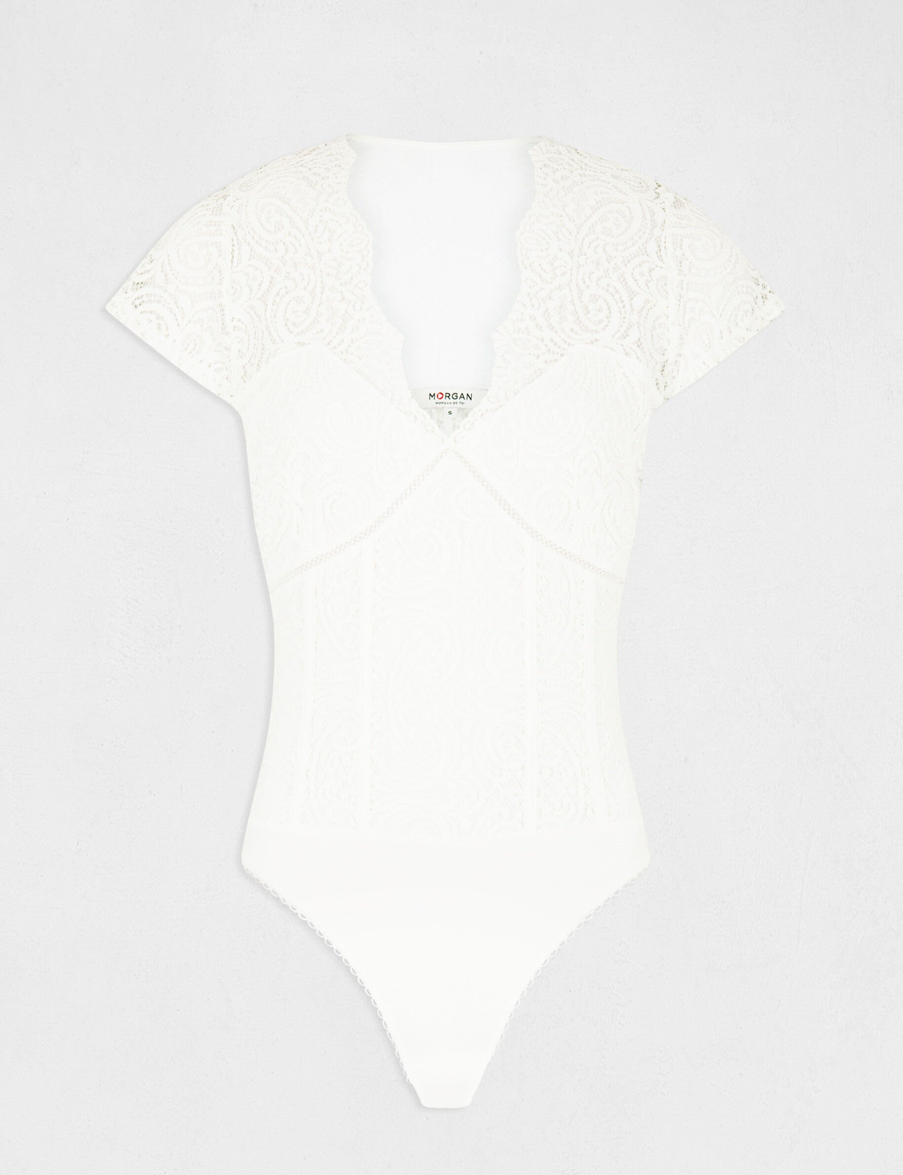 T-shirt manches courtes à dentelle ecru femme - ecru
