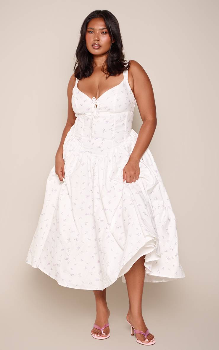Blanc Robe Longue Droite Grande Taille À Imprimé Fleuri Avec Détail Corset