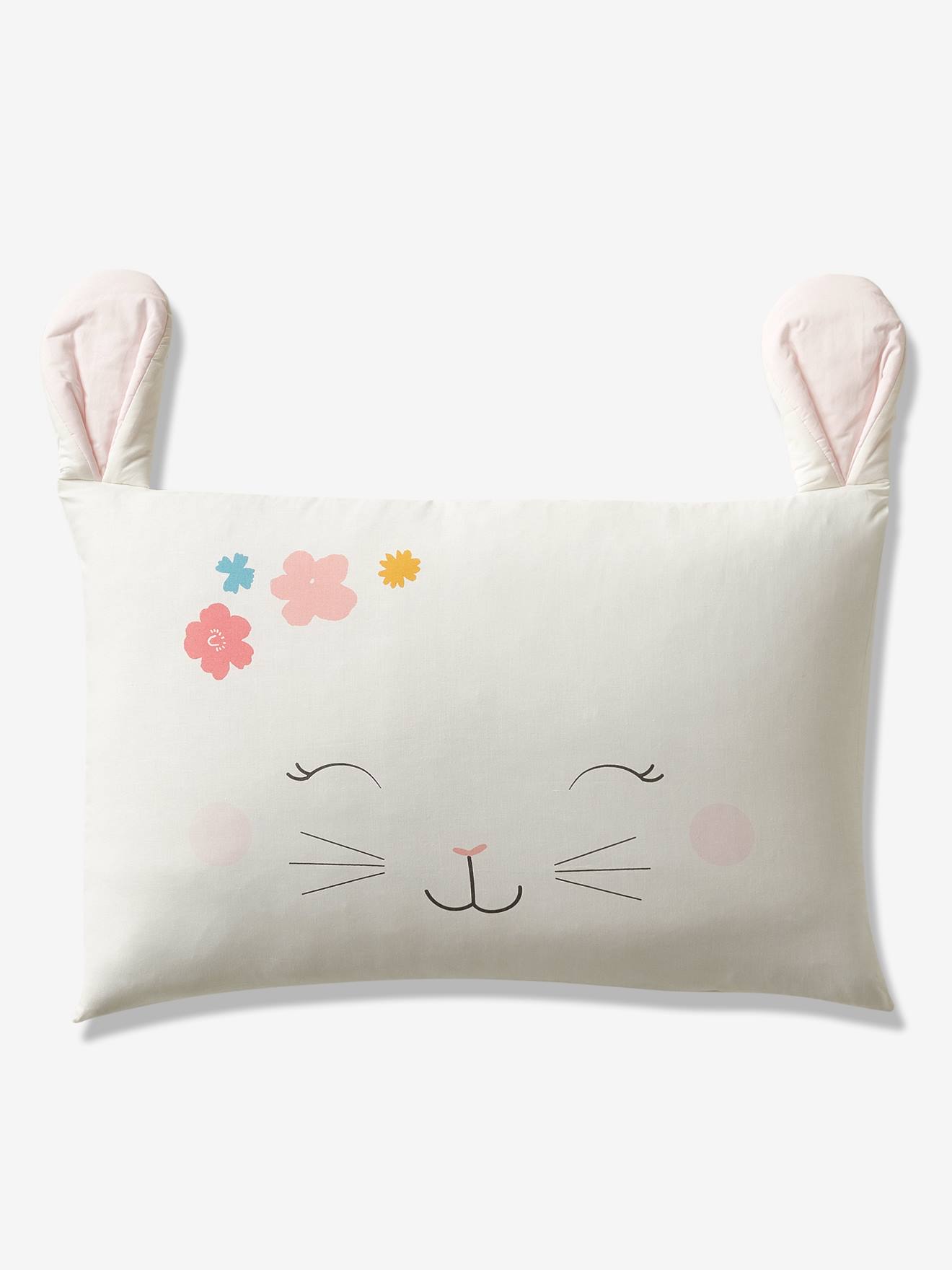 Conjunto de capa de edredom e fronha com estampa romântica de coelhinhos em branco claro.