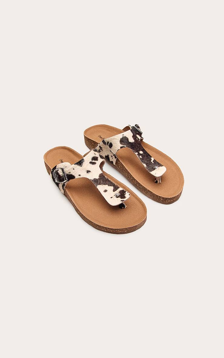 Noir Sandale À Entredoigt En Cuir Véritable Imprimé Vache Avec Semelle Anatomique