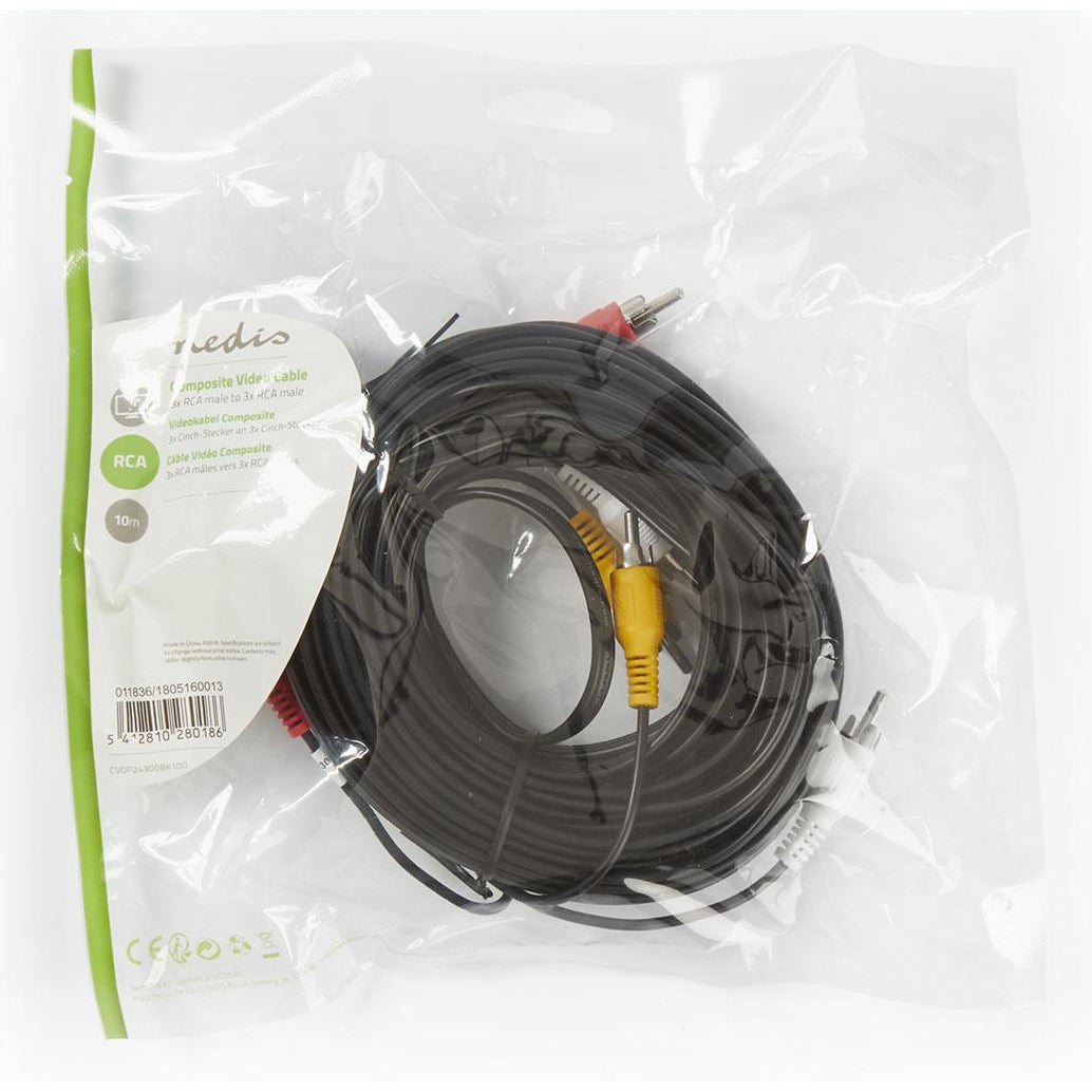 Nedis CVGP24300BK100 videokabel 3x RCA male - 3x RCA male 10m
