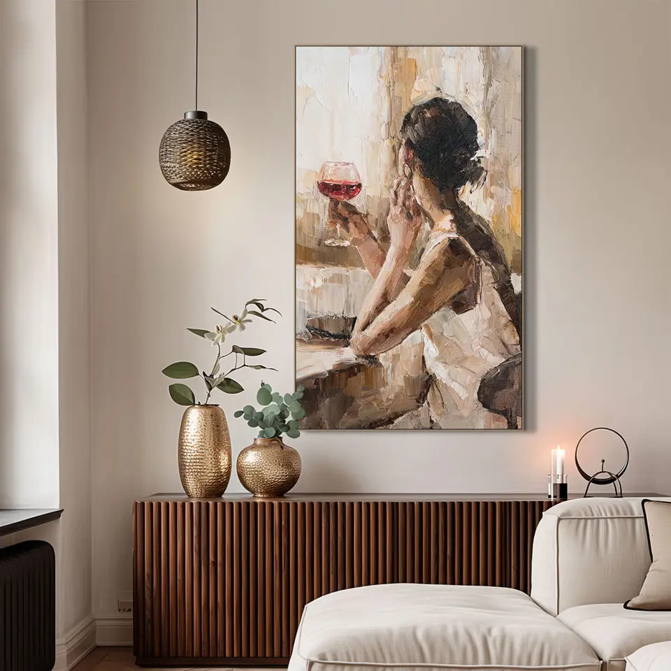 Schilderij Vrouw met wijn - MDF - 118x70 cm