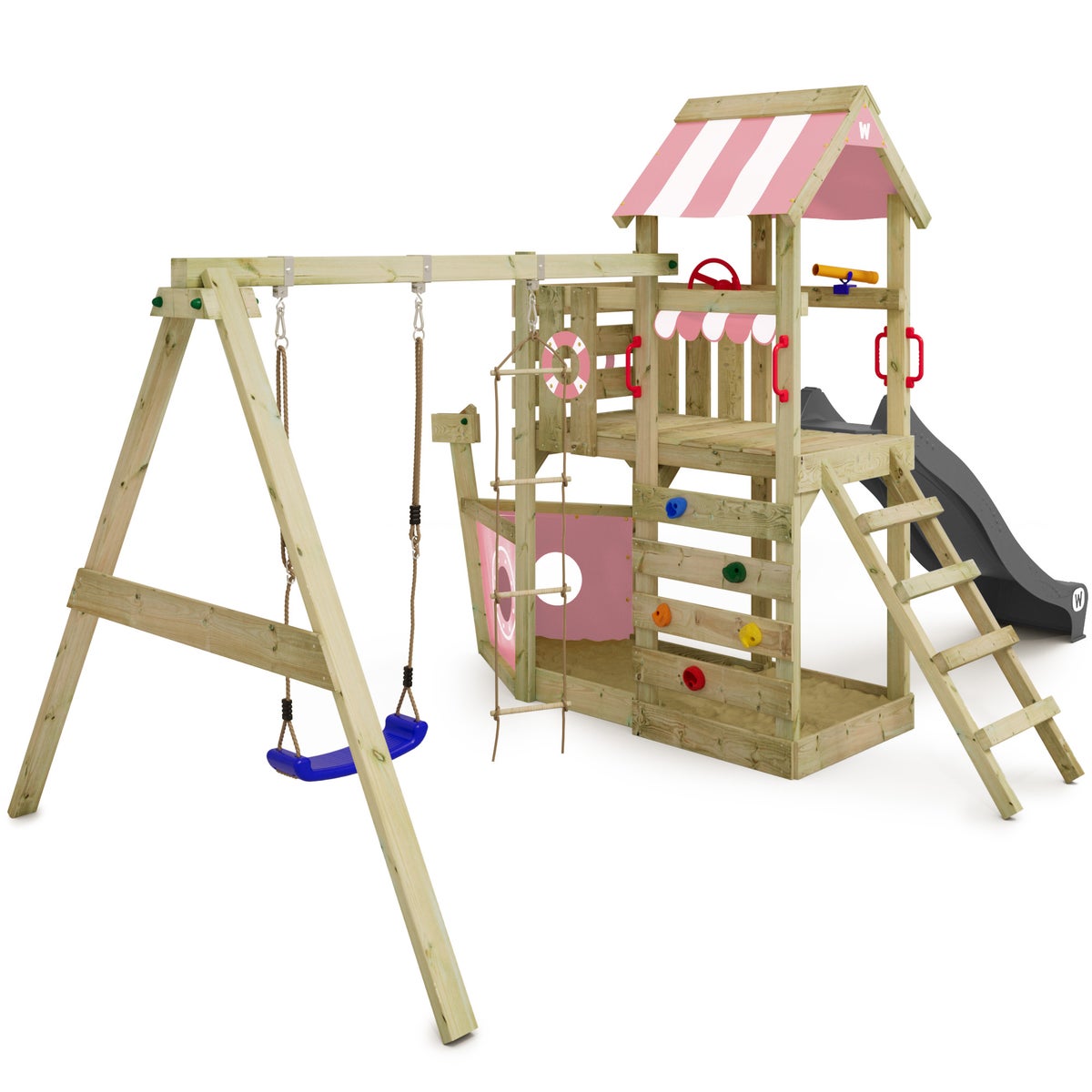 WICKEY SeaFlyer speeltoren klimtoestel met schommel en glijbaan, boomhut met zandbak, klimladder en speelaccessoires – pastelroze