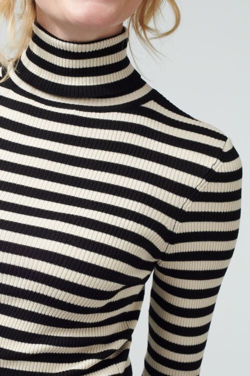 pull col roulé femme côte Louisa noir/blanc