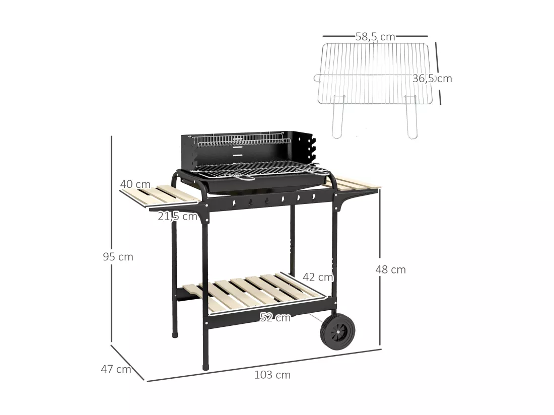 Barbecue à charbon sur pied grille réglable 2 roues 3 étagères récupérateur de cendres noir