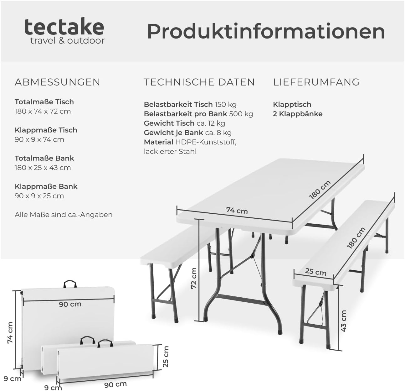 tectake® 3-teiliges Gartenmöbel Set, klappbarer Campingtisch mit 2X Bierbank, Balkonmöbel, Garten oder Terrassentisch Set, Bierzeltgarnitur, mit Tragegriffen, 180cm lang (weiß)