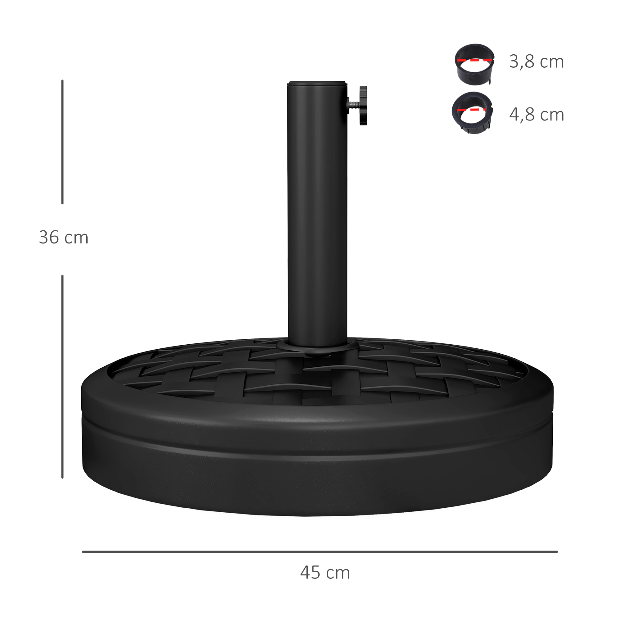 Base redonda para guarda-sol Outsunny, preenchível com cimento, peso 18 kg, para hastes de guarda-sol Ø38/48 mm, Ø45x36 cm, preta