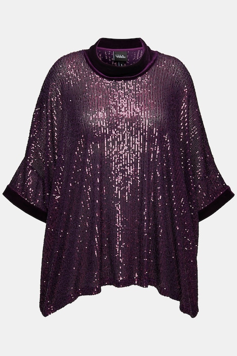 Pailletten-Shirt, Oversized, Samt-Rollkragen, Halbarm