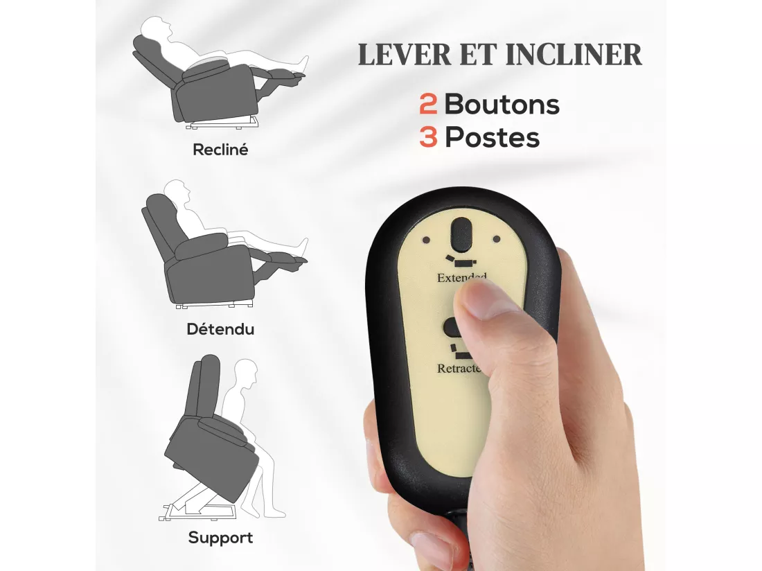 Fauteuil releveur massant chauffant inclinable - télécommande - tissu technique gris clair