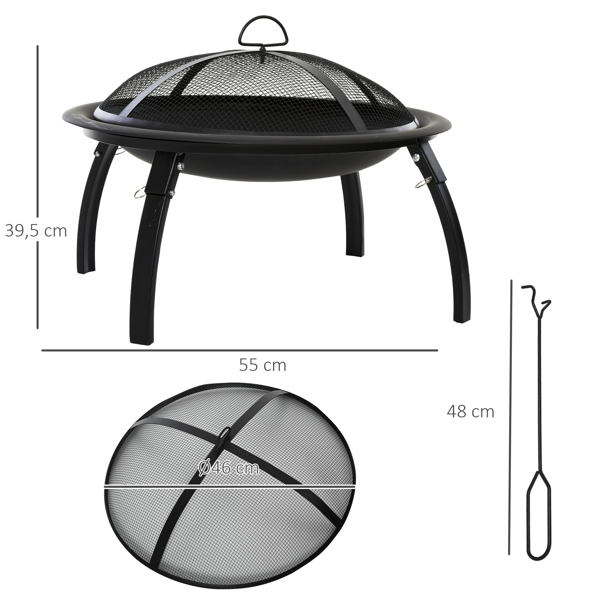 Lareira externa portátil Outsunny Ø55 cm para aquecimento, churrasco, terraço, pátio, camping e jardim, com capa de malha e atiçador. Cor preta.