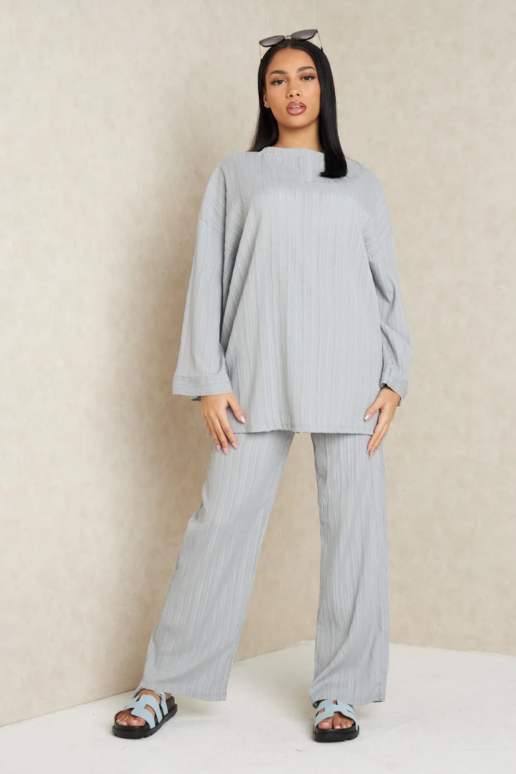 Ensemble 2 pièces pull fin + pantalon à rayures gris clair