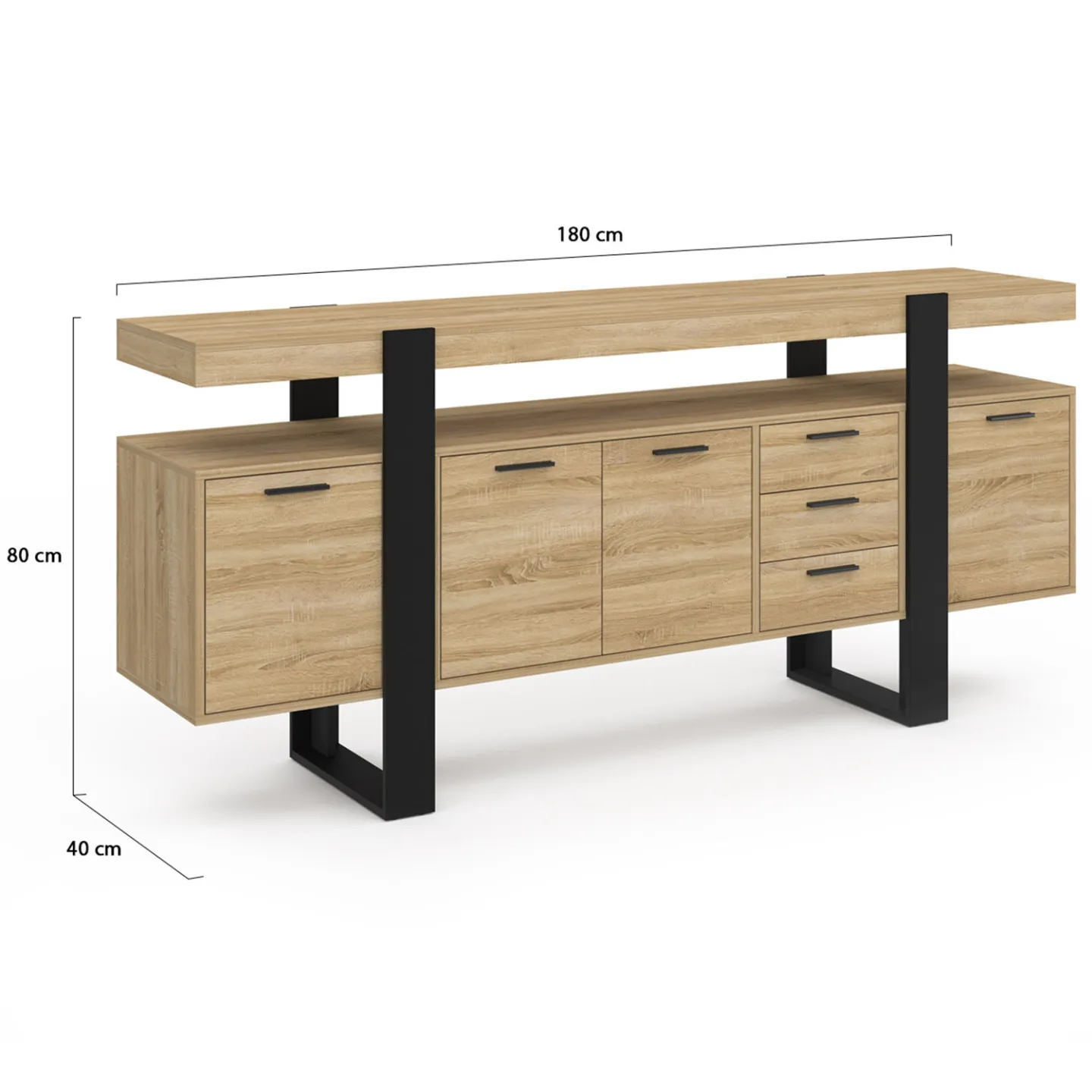 Buffet 180 cm PHOENIX XXL 4 portes et 3 tiroirs bois et noir